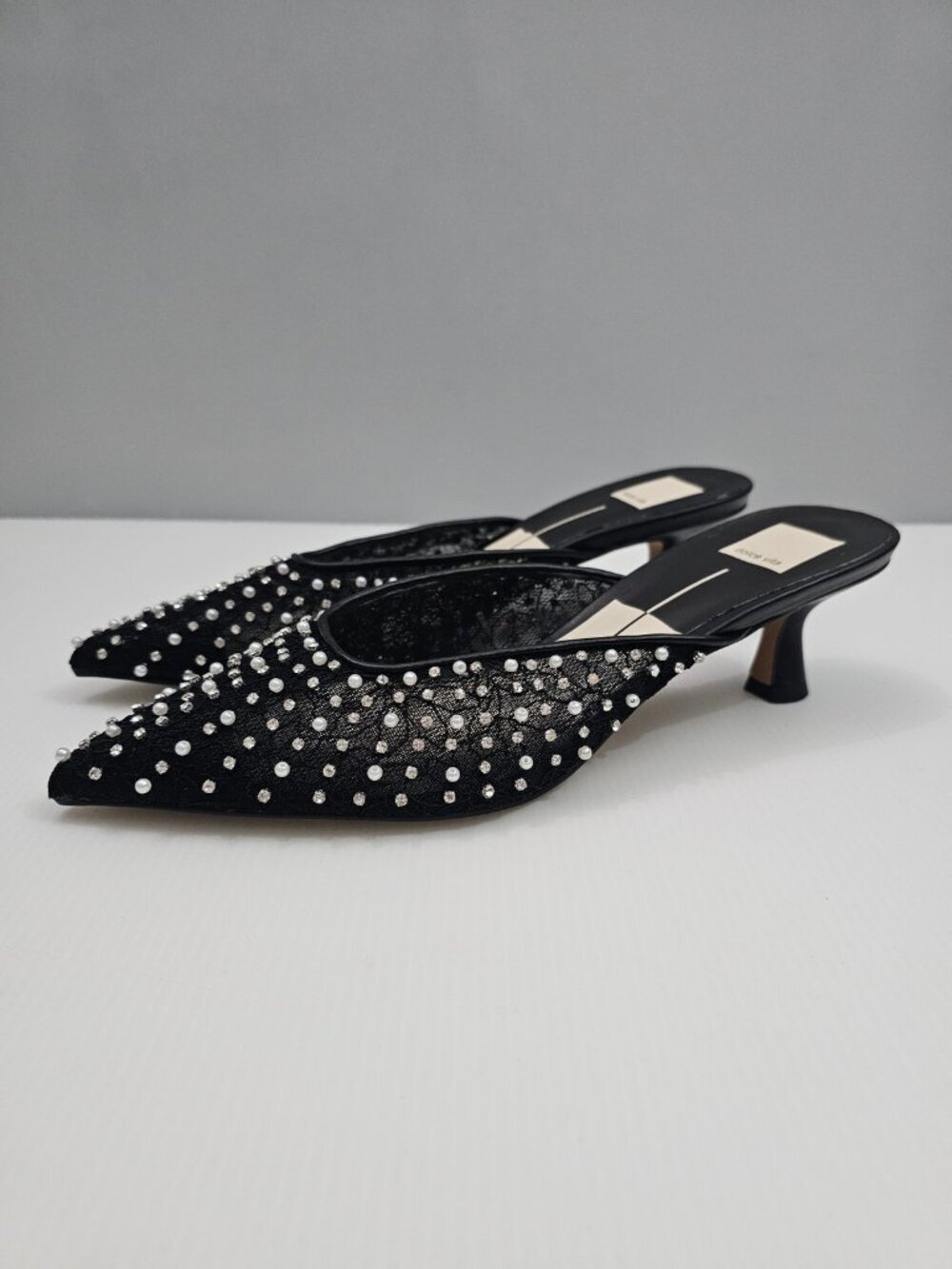 Dolce Vita Cleo Pearl Mule Kitten Heel Womens 9 Onyx Black Mesh Pointed Toe NEW